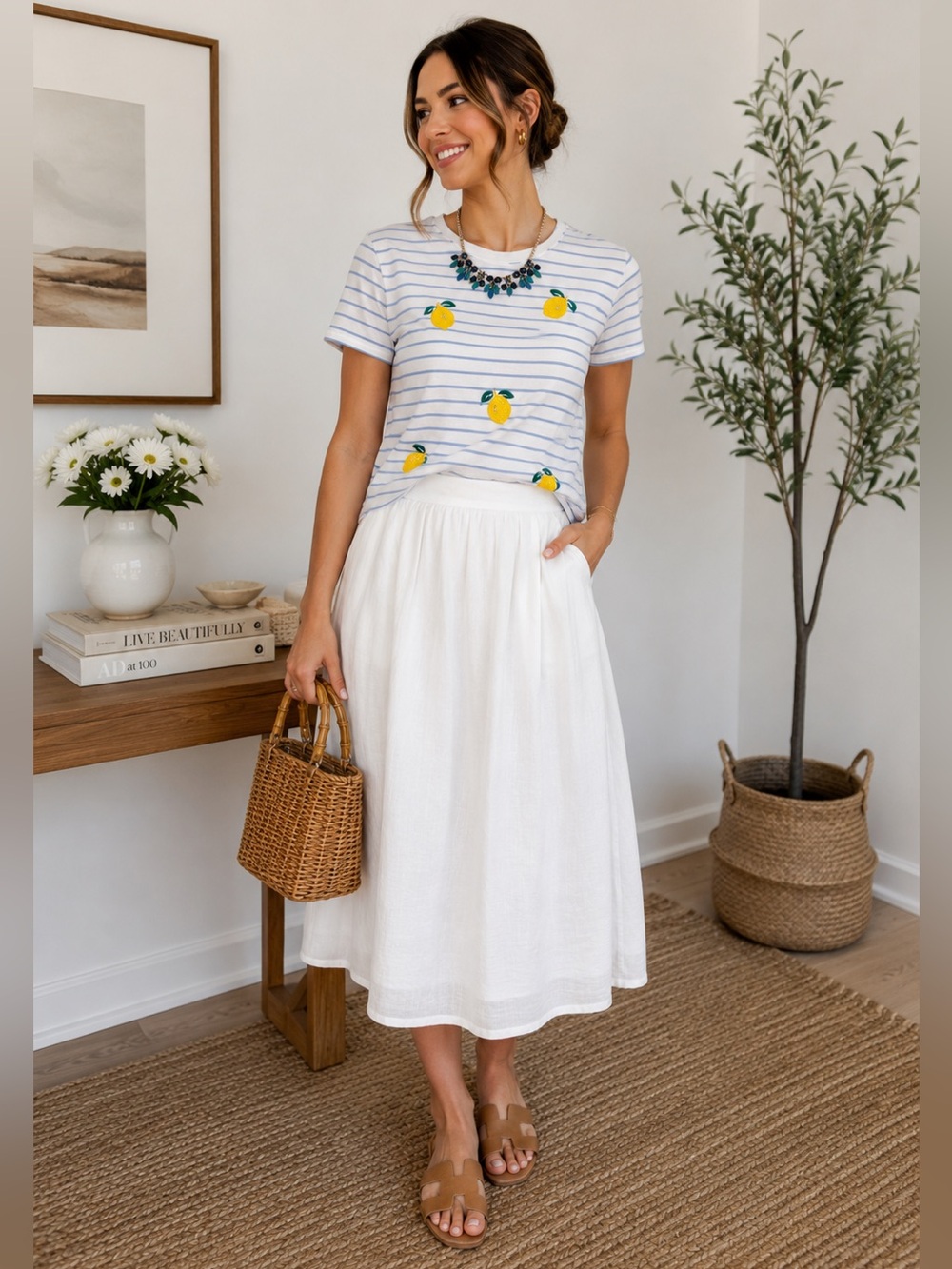 NWOT 89th & Madison White & Blue Striped Tee with Lemon 🍋Embroidery